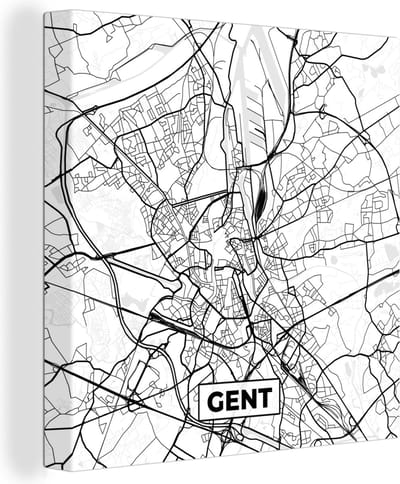 Canvas Schilderij Stadskaart – Plattegrond – België – Zwart Wit – Gent – Kaart - 20x20 cm - Wanddecoratie