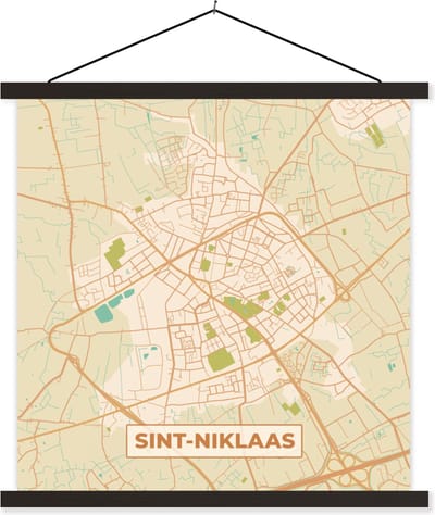 Posterhanger incl. Poster 60x60 cm - Schoolplaat - België - Sint-Niklaas - Kaart - Stadskaart - Plattegrond - Textielposter - Zwarte latten - Stadskaart