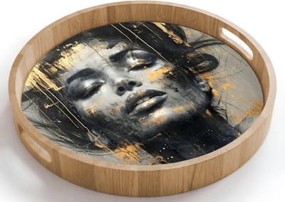Dienblad rond 40x40 cm - Schootdienblad hout - Vrouw - Kunst - Goud - Abstract - Glamour - Borrelplank rechthoek - Plateau houten dienbladen