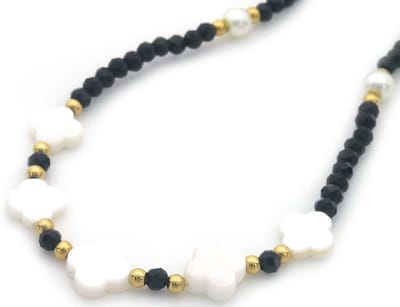 Ketting - verstelbaar - sieraad - accessoire - RVS - stainless steel - 39+5cm - goudkleurig - zwart - wit - klavertje vier - geluk - cadeau - geschenk - feest – feestdagen