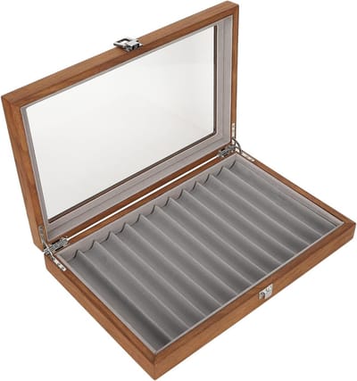 Elegante houten displaybox voor 12 vulpennen met transparante venster, retro design en ideale opslagoplossing voor thuis en tentoonstellingen