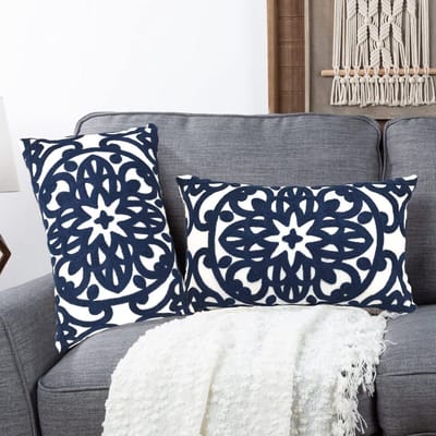 Decoratieve Kussenhoezen - Hoes Kussens - Woonkamer Decoratie - Boho Mandala Borduurwerk - 30x50 cm 2 Stuks - Donkerblauw