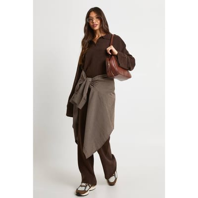 boohoo Dames Met kraag en knoopsluiting oversized gebreide trui en broek met rechte pijpen Co-Ord | Chocolate | Maat: Medium