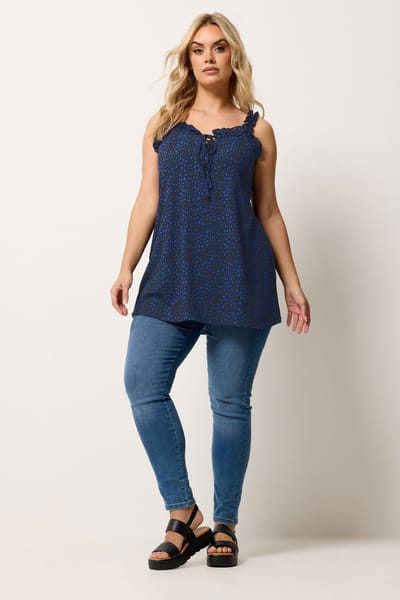Yours Marineblauwe Mouwloze Top Met Stippen En Ruches Size 50-52