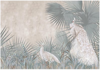 WALLARENA - Fotobehang - 150x105 cm - Fototapete met pauwenbladeren op beton met vogels voor slaapkamer en salon