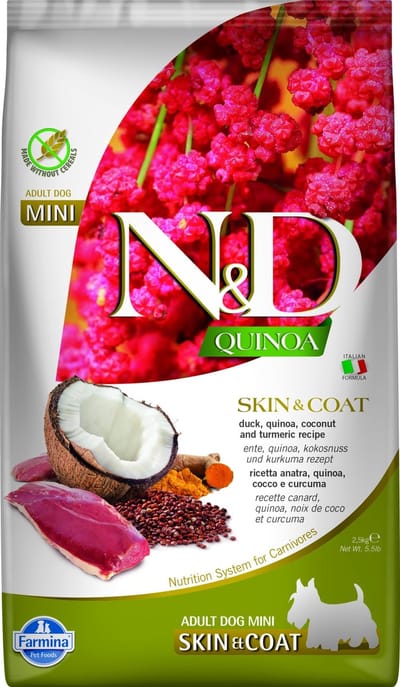 Farmina N&D Quinoa huid- en vachtdieet (eend, quinoa, kokos en kurkuma) hondenvoer voor volwassen honden (mini) 2,5 kg