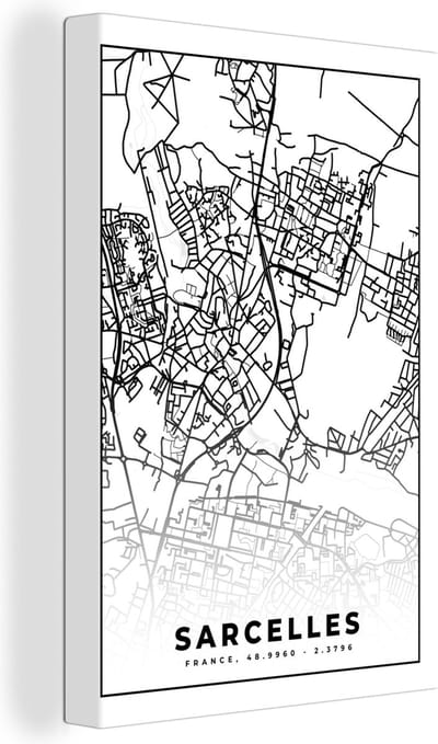Canvas Schilderij Kaart - Sarcelles - Frankrijk - Stadskaart - Plattegrond - Zwart wit - 20x30 cm - Wanddecoratie