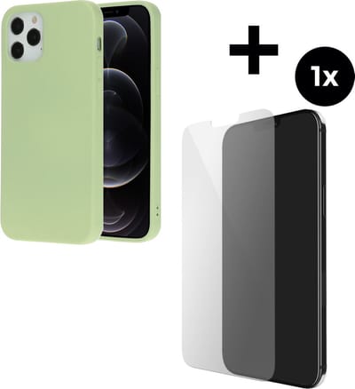 Mobiparts Silicone Cover hoesje geschikt voor Apple iPhone 12 met 1 Screenprotector van Gehard Glas - Groen
