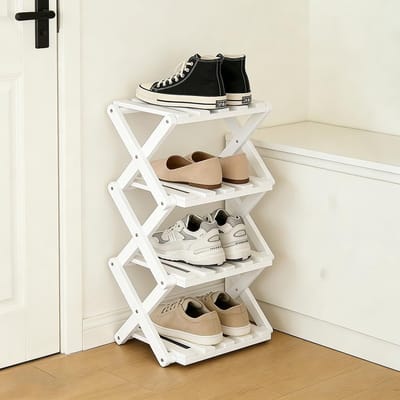 Ruimtebesparend opvouwbaar schoenenrek van bamboe, multifunctionele smalle schoenenhouder voor entree, slaapkamer en woonkamer, 4 niveaus, wit en stijlvol