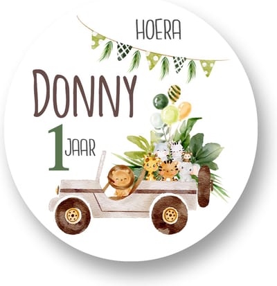 25x Traktatiestickers -Jungle Stickers Met Naam Leeftijd - Verjaardag Jungle auto - Dieren - Jungle - Safari - Gepersonaliseerd - Pimp Studio - Sluitstickers - Kinderfeest Traktatie - Uitdelen - Uitdeeltraktatie - Wensetiket