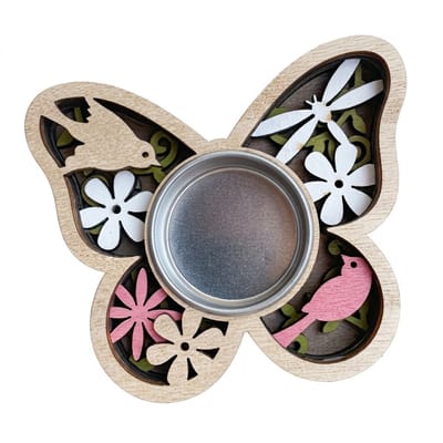 Beige hout waxinelichthouder vlinder vorm met bloemen en vogel details kaars houder decoratief voor tafel en interieur geschikt voor dames en heren