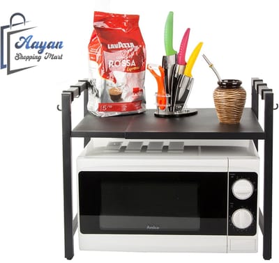 Verstelbaar Magnetronrek – Keukenschap van RVS – Zwart – Ruimtebesparend Keukenrek– magnetron rek – Keuken Magnetronkast met 6 Haken – voor Magnetrons, Airfryers, Oven – 36557