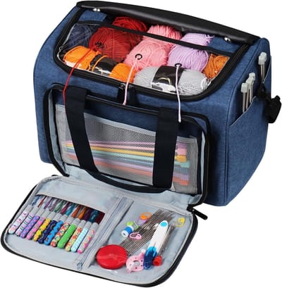 Handige Brei- en Haaktas voor Opberging van Breinaalden, Haaknaalden en Borduurkits - Ruime Organiser van Oxfordstof, 15 x 11 x 9.8 inch, Geschikt voor Beginners en Professionals, Navy Kleur