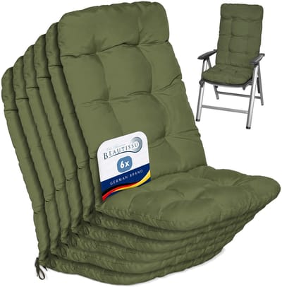 Beautissu Flair HL Stoelkussen Set 6x Hoge Rugleuning 120x50x8 cm Olijfgroen – Tuinstoelkussen