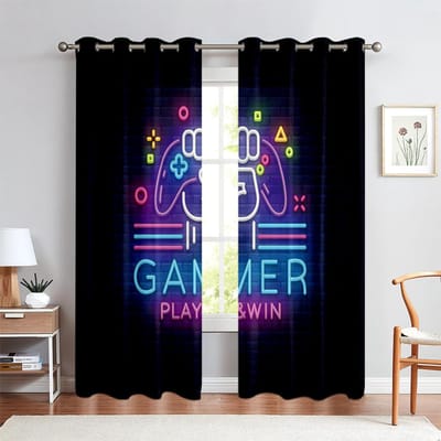 Rideaux de Fenêtre Imprimés Motif Manette de Jeu, Semi-Occultants, Espace de Vie, Espace Chambre à Coucher, Rideaux de Fenêtre Ornementaux pour Espace E-Sports, Motifs Personnalisables W50xH140(CM)x2PCS&Rod pocket