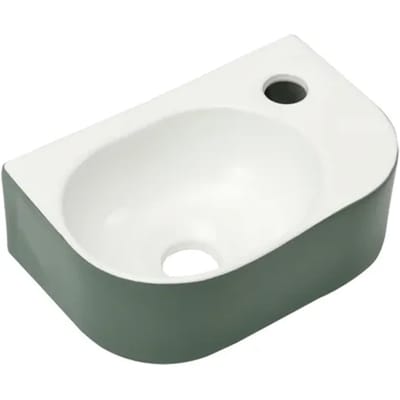 Differnz Lina Fontein - Halfronde Fontein van Keramiek - Kleur Groen/Hoogglans Wit - Inclusief Kraangat - Afmetingen 30 x 20 x 10 cm - Geschikt voor Toiletmeubel