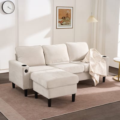REDOM - Hoekbank Met Verplaatsbare Hocker En USB-C - Modern - Voor Woonkamer - Linnen - Beige - 202 X 137 X 80 Cm