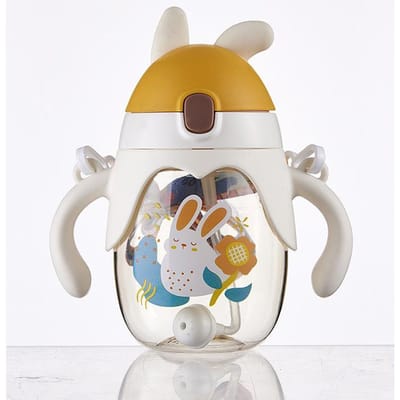 350ml Zomer Kinder Cartoon Plastic Beker met Rietje Klap Waterbeker met Handvat Baby Peuters Drinkbeker 350ML beige