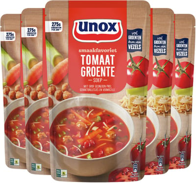 Unox Smaakfavoriet Soep In Zak - Tomaat Groente - een gevulde soep met heerlijke groenten en gehaktballetjes - 5 x 570 ml