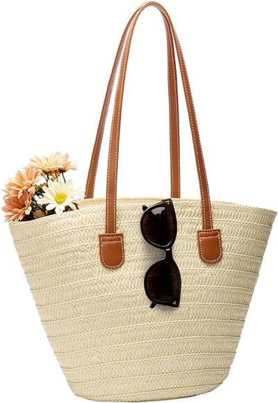Strandtas - Strandtas riet - Grote strooien strandtas voor dames - Tote -schoudertas voor strandvakanties en reizen