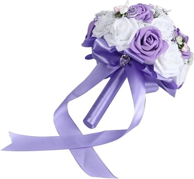Kunstig Bruidsboeket - Zijden Bloemen - Bruiloft Decoratie - Met Nep Parels - 26 cm Hoog - Paars