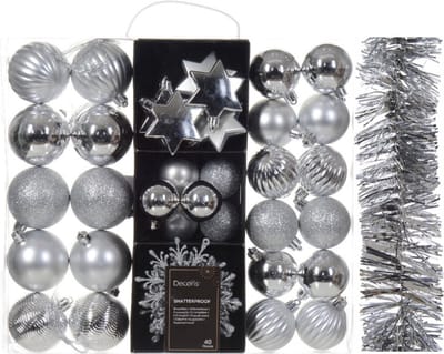 Kerstversiering set zilver - 40 kunststof kerstballen - ornamenten - folie slinger 270x7 cm