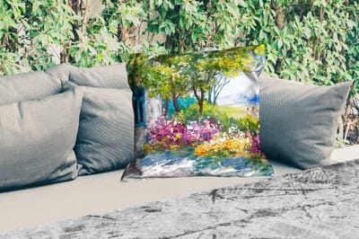 Sierkussen Buiten - Schilderij - Planten - Bloemen - Huis - Olieverf - 60x60 cm - Weerbestendig