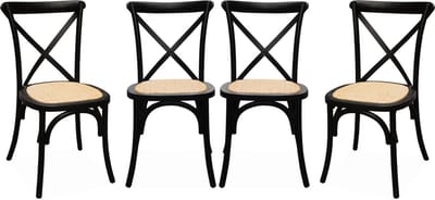 sweeek - Set van 4 vintage rubberhouten bistrostoelen, zitting van rotan, stapelbaar - belleville