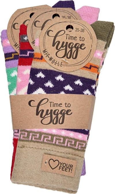 Hygge Wollen sokken – Noors motief – 3 paar - frisse kleuren – maat 35/38