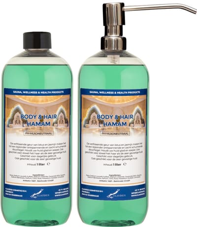 Body & Hair Hamam 1 liter met RVS zilverkleurige pomp - set van 2 stuks - 2 in 1 voor lichaam en haar - voordeelverpakking