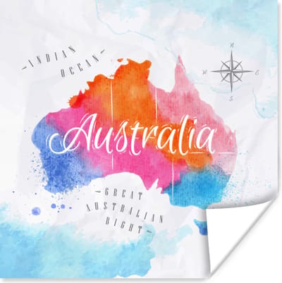 Poster 30x30 cm - Olieverf - Wereldkaart - Australië - Posters - Kamer decoratie - Wanddecoratie woonkamer - Muurdecoratie slaapkamer