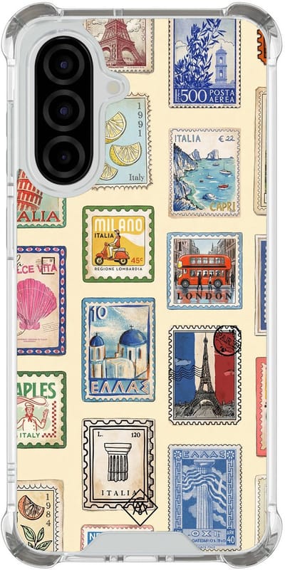 Casimoda® hoesje - Geschikt voor Samsung Galaxy A57 - Retro Postzegels - Shockproof case - Extra sterk - TPU/polycarbonaat - Multi, Transparant