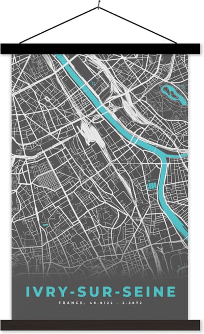Posterhanger incl. Poster 40x60 cm - Schoolplaat - Frankrijk - Ivry-sur-Seine - Kaart - Plattegrond - Stadskaart - Textielposter - Zwarte latten - Stadskaart