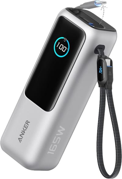 Anker PowerCore 25K Powerbank 25.000mAh - 165W - 3x 100W USB-C Poorten - Zilver - Ingebouwde Intrekbare Kabels - Real-Time Smart Display - Vliegtuigvriendelijk Ontwerp