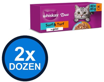 2x Whiskas - 1+ Pouch Adult Gelei Duo Surf & Turf Sel Multipack (40x85g) - Kattenvoer Natvoer - 3.4 kg