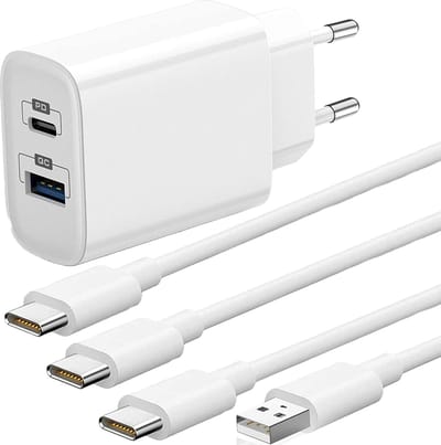 20w Oplader 2 Poorten + usb-C Kabels 2 meter - Lange oplader voor telefoon, tablet, e-reader, koptelefoon, bluetooth speaker