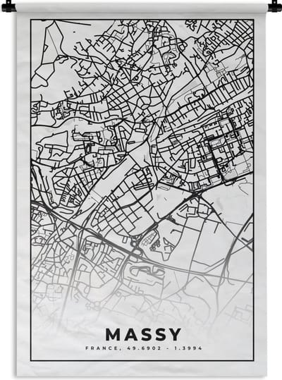 Wandkleed - Wanddoek - Kaart - Stadskaart - Massy - Frankrijk - Plattegrond - Zwart wit - 120x180 cm - Wandtapijt