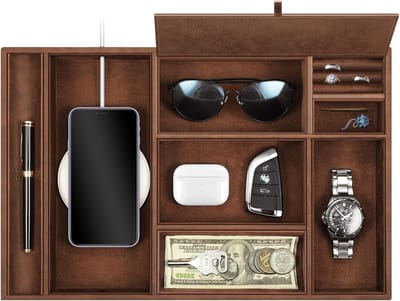 Valet Tray Bureau Organizer met 8 Compartimenten - PU Leer Catchall EDC Tray voor Sleutels, Sieraden en Kleine Voorwerpen, Bruin