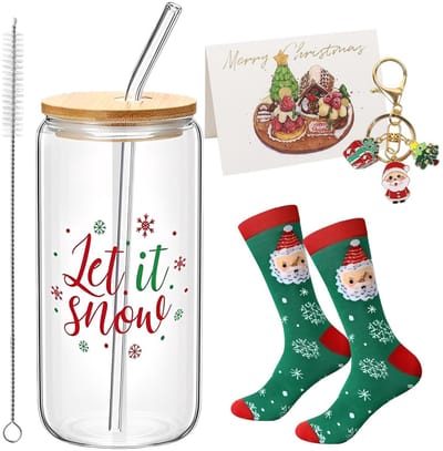 Dailygoods- Kerstbeker 500ml - Drinkbeker met deksel - Drinkglas met rietje - Kerstglazen set - Feestdecoratie - Borosilicaatglas