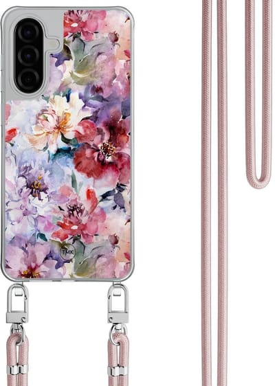 Telefoonhoesje met koord geschikt voor Samsung A26 - Bloemen acryl - Inclusief Rosegoud koord - Transparant, Multi - Bloemen - Crossbody beschermhoes - Met Telefoonketting