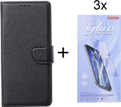 Bookcase Geschikt voor: Oppo Find X3 Lite - Zwart - portemonnee hoesje met 3 stuk Glas Screen protector
