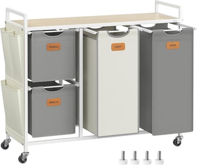 FurnStar Wasmand 4 Vakken – Wasverzamelaar 150L – Wassorteerder met Rollen en Plank – Waszakken met Kleine Zijzakken – 6 Etiketten – 98,6 x 33 x 80,5 cm – Natuurbeige - Duifgrijs-CrèmewitNatuurbeige - Duifgrijs-Crèmewit