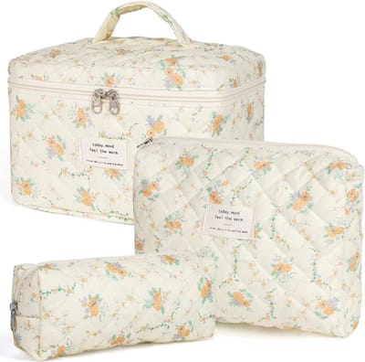 Set van 3 Make-up Tasjes Gewatteerd Bloemen Katoen – Grote Capaciteit Esthetische Cosmetische Tas & Toilettas voor Vrouwen – Reistas Organizer met Ritssluiting -Geel-oranje bloem, 3-delige set [groot + middel + klein]