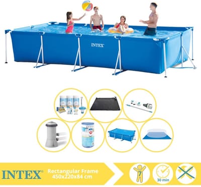 Intex Rechthoekig Frame Zwembad - 450 x 220 x 84 cm - Blauw - Inclusief Solarzeil - Onderhoudspakket - Zwembadfilterpomp - Filter - Grondzeil - Stofzuiger - Solar Mat - 8-delig