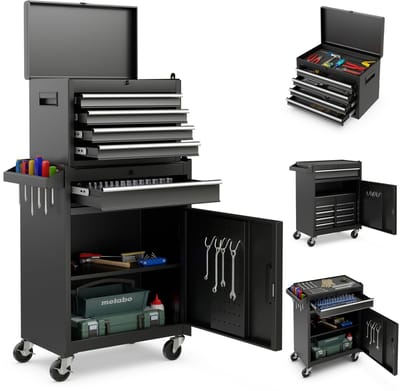 COSTWAY 2-in-1 werkplaatswagen inclusief koffer, 8 vakken, haken, verstelbaar rek, afsluitbaar op wielen zonder gereedschap, professionele werkplaatswagen, metaal, 100 kg draagkracht, 59 x 28 x 102 cm