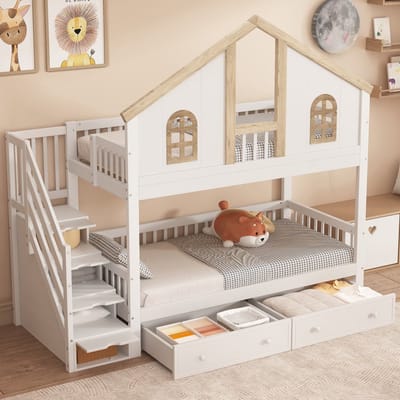 KOMHTOM - Stapelbed - kinderbed - met contrasterend gekleurd valbeveiligingshek - met raam - twee lades met wieltjes - trap met 4 opbergvakken - grenen + MDF - wit + naturel - 90 x 200 cm