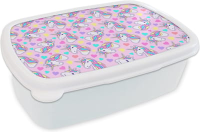 Broodtrommel Wit - Lunchbox - Brooddoos - Eenhoorn - Regenboog - Patronen - 18x12x6 cm - Volwassenen