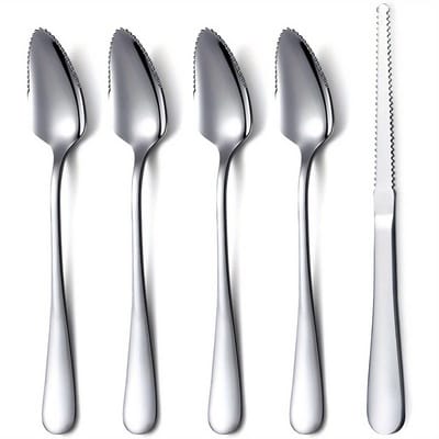 5 stuks-Fruitlepel - Grapefruitlepel - Fruitpurelepel - Grapefruitmes - RVS - Keukengereedschap - Geschikt voor grapefruit, appel, kiwi en citrusvruchten - Zilver - 16,8 x 2,9 cm - Mes 18,5 cm