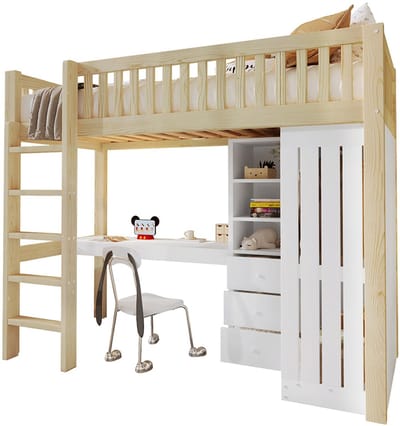 Komhtom Hoogslaper, 90 x 200 cm, bureau, kast, 3 lades, open opbergruimte, reling, trap, zonder matras, naturel