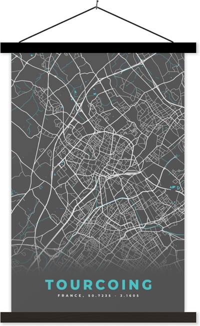 Posterhanger incl. Poster 40x60 cm - Schoolplaat - Frankrijk - Stadskaart - Kaart - Plattegrond - Tourcoing - Textielposter - Zwarte latten - Stadskaart